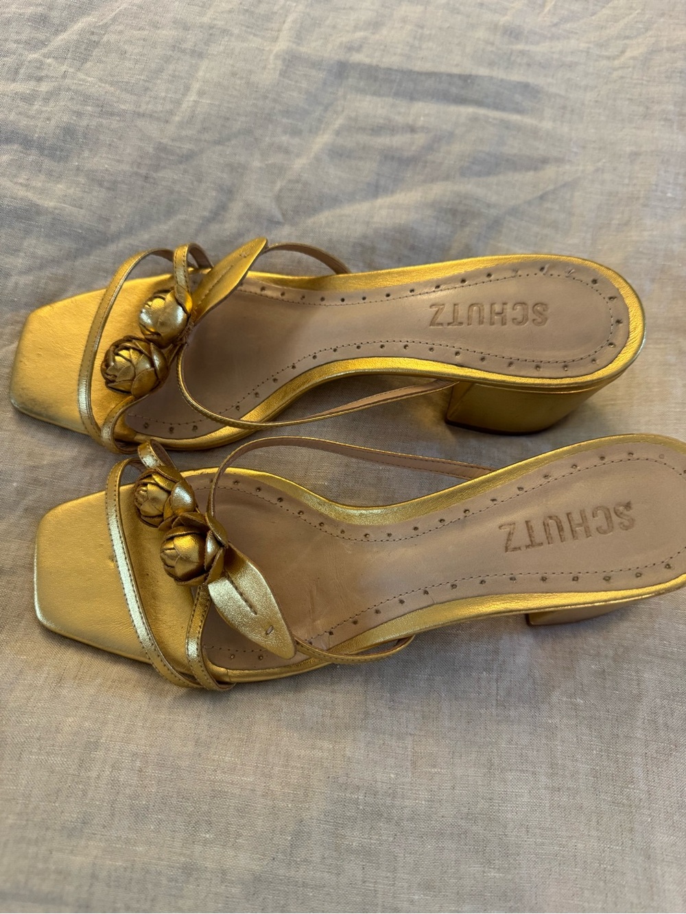 EUC SCHUTZ Metallic Gold Floral-Embellished Slide Sandals